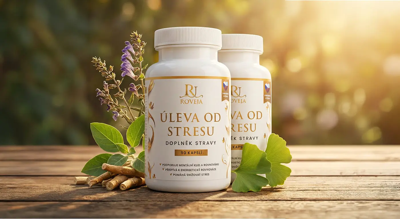 Roveja Úleva od Stresu – výhodné dvouměsíční balení doplňku stravy s přírodními složkami Ginkgo biloba, Ashwagandha a Šišák bajkalský v reálné podobě